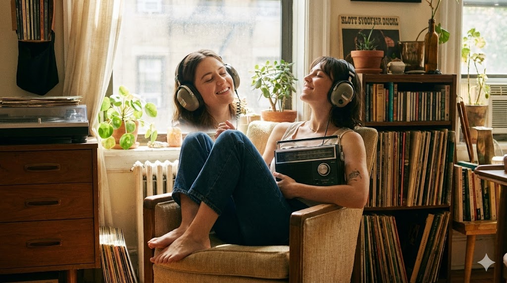 Femmes écoutant la radio au casque